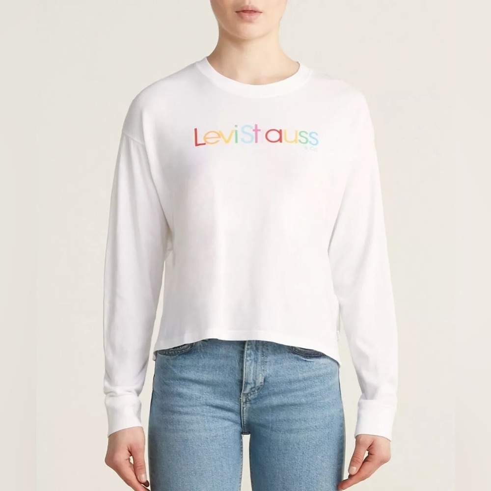 Levi’s Rainbow Logo Long Sleeve Tee White Drop Shoulder Crop Top Large NWT - Picture 10 of 14